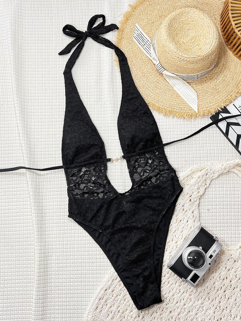 Lace Patchwork Backless One Piece Swimsuit CSYZ G863RY