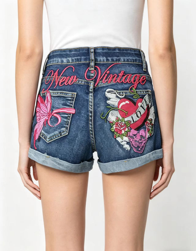 Embroidered Butterfly Heart Denim Shorts GQLF 6969