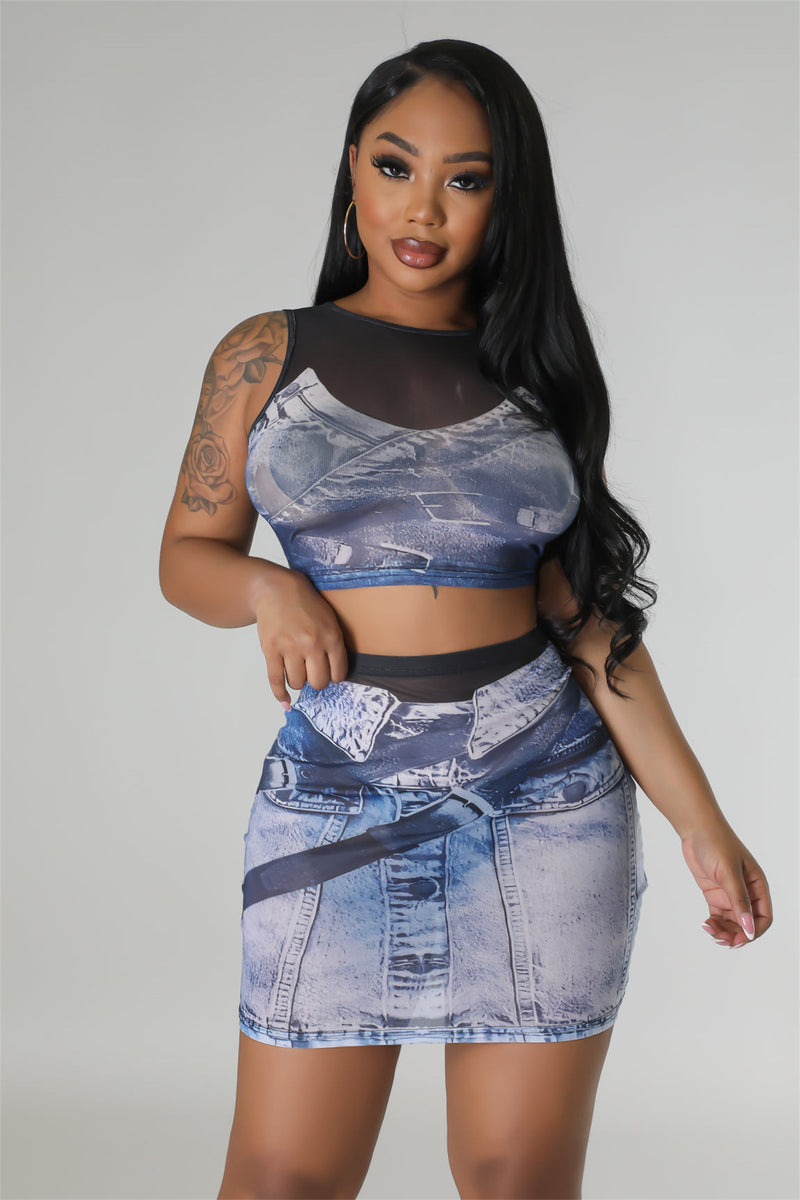 Sexy Mesh Print Sleeveless Skirts Two Piece Set FENF 272