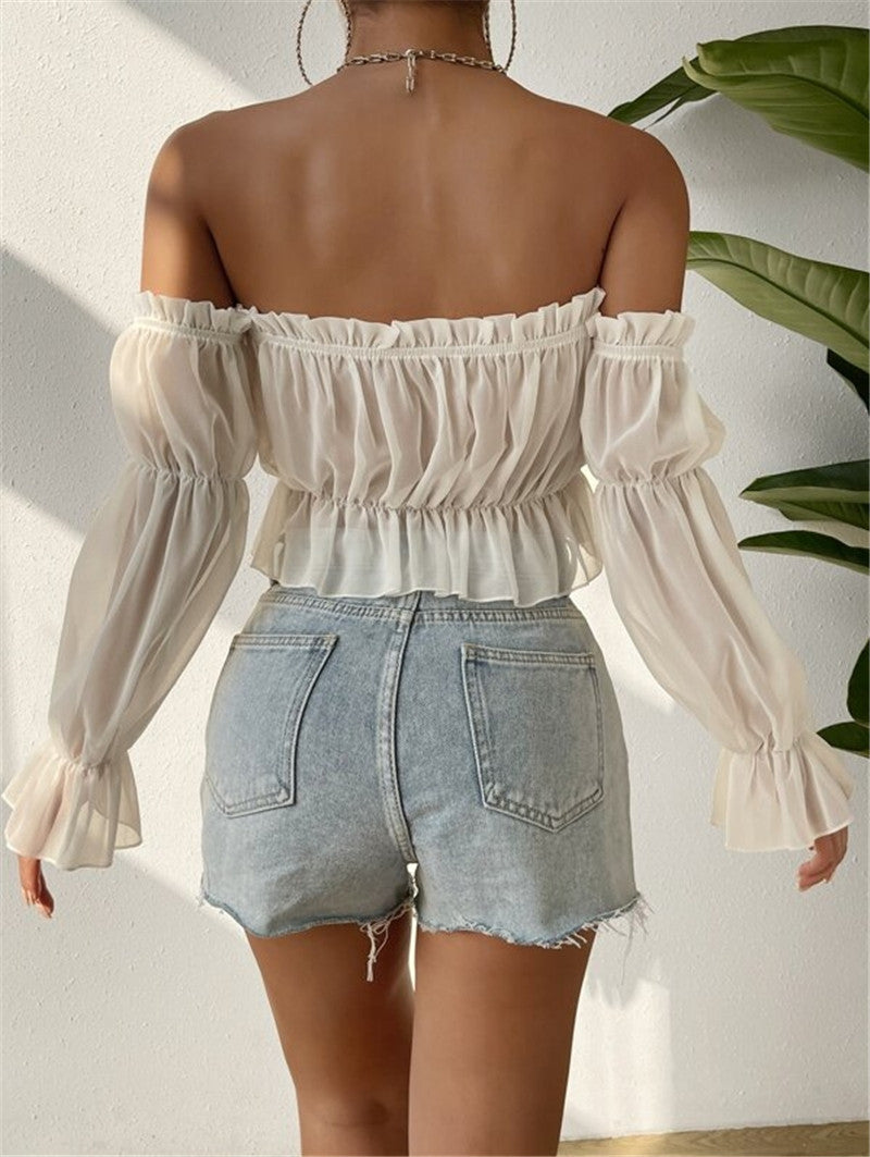 Off Shoulder Ruffles Chiffon Gathered Blouse GZYF 1012