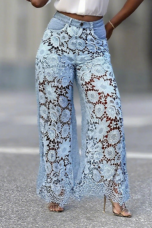 Plus Size Hollow Out Lace Patchwork Jeans GYLN 6690