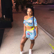 Cartoon Print One Shoulder Two Piece Shorts Set NIK 120