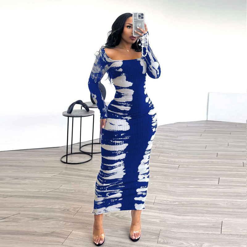 Print Long Sleeve Split Bodycon Dress NY 3136
