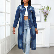 Torn Hole Washed Loose Denim Long Coat GKNF TS 24932