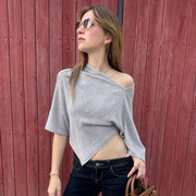 Solid Color Slash Shoulder Irregular T Shirt GPKJ MR49444