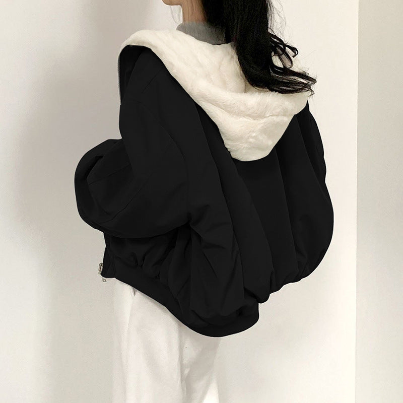 Solid Color Hooded Zipper Plush Jacket GSZM ZTP1449
