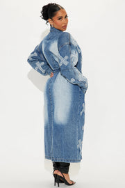 Fashion Denim Cross Embroidery Long Trench Coat LX 6033
