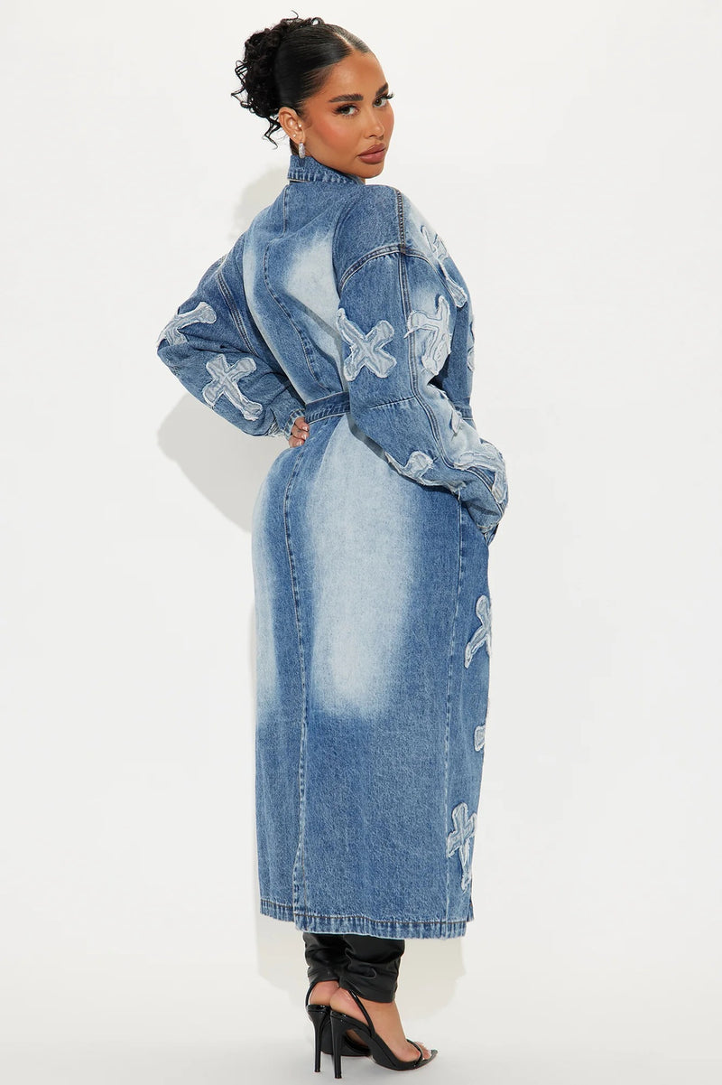 Fashion Denim Cross Embroidery Long Trench Coat LX 6033