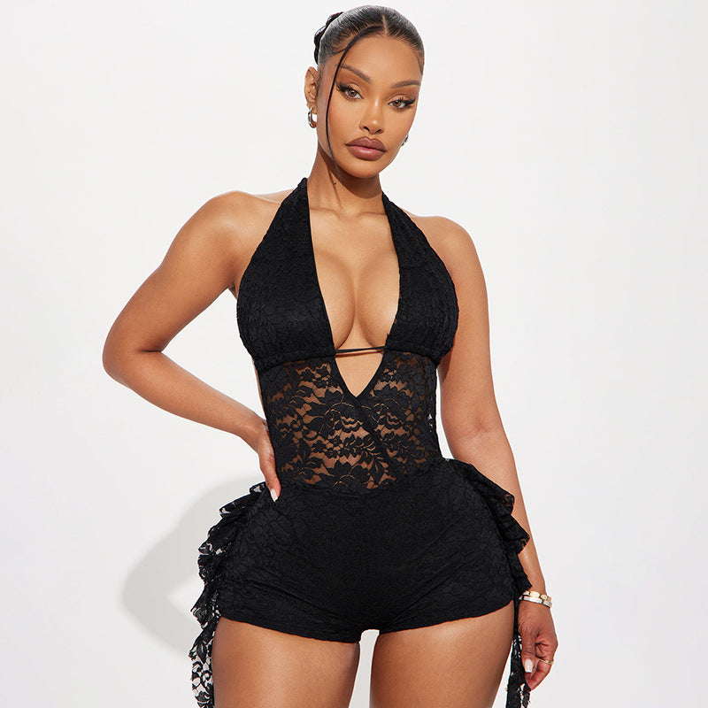 Lace Patchwork Halterneck Backless Romper GDSF D26RP038
