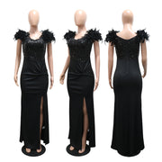 Feather Patchwork Sequin Split Maxi Dress CYA 902502