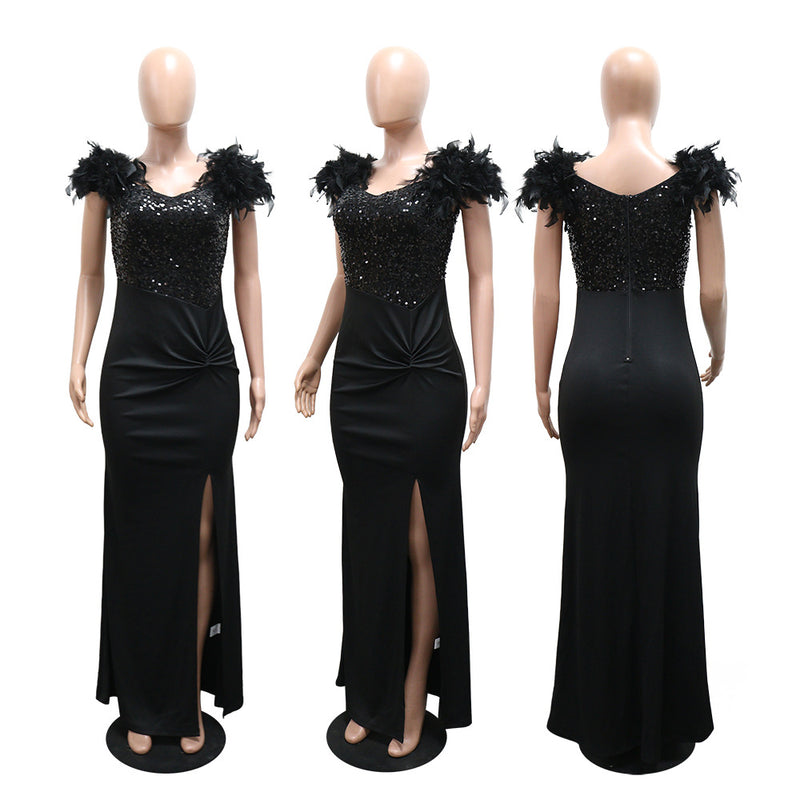 Feather Patchwork Sequin Split Maxi Dress CYA 902502