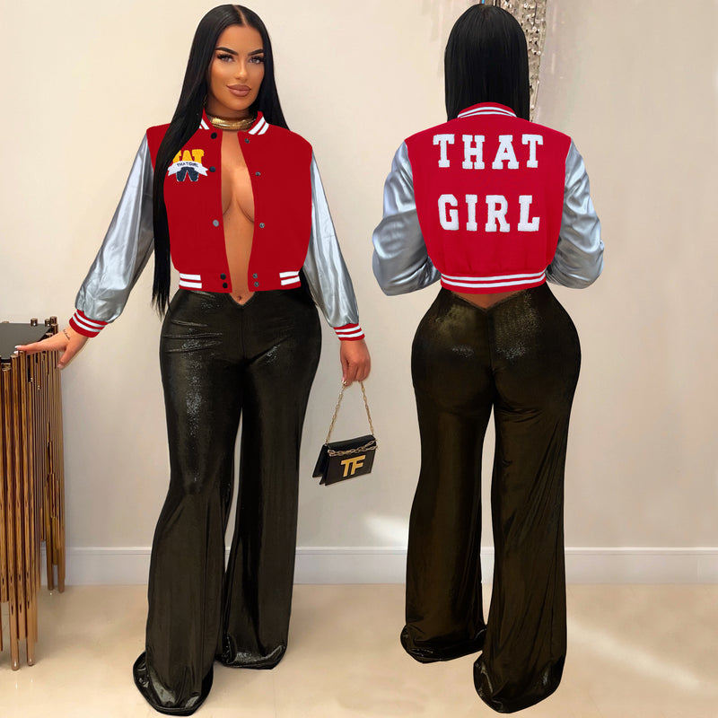Embroidered Color Block Spliced Baseball Jacket MDF 5390
