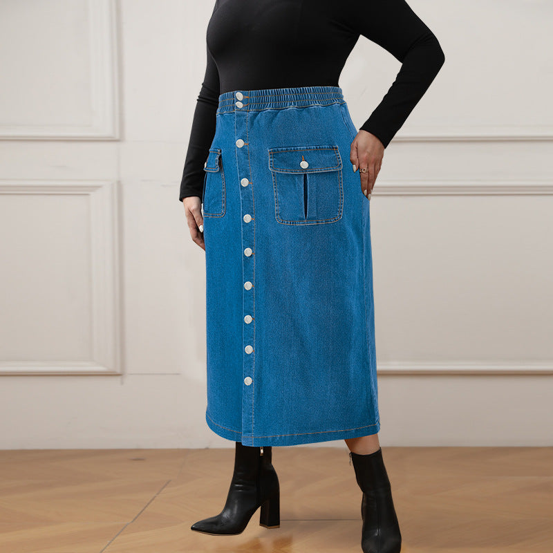 Plus Size Denim Single Breasted Long Half body Skirt GDAM 218609