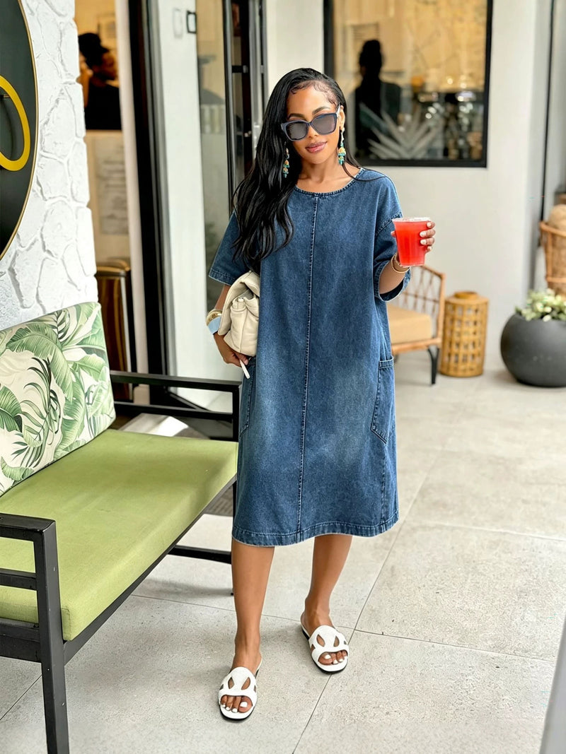 Plus Size Half Sleeve Loose Denim Midi Dress GYLN 6480