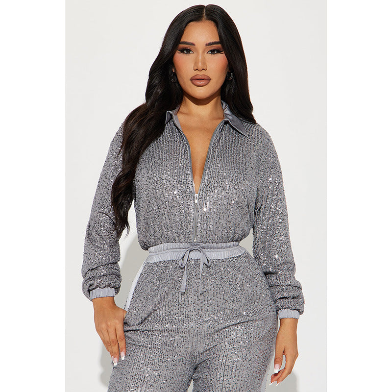 Long Sleeve Zipper Sequin Jumpsuit GYOM 8931