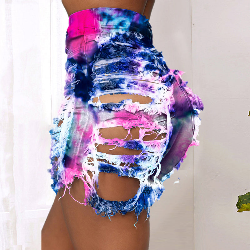 Plus Size Denim Tie Dye Ripped Hole Jeans Shorts SH 3846
