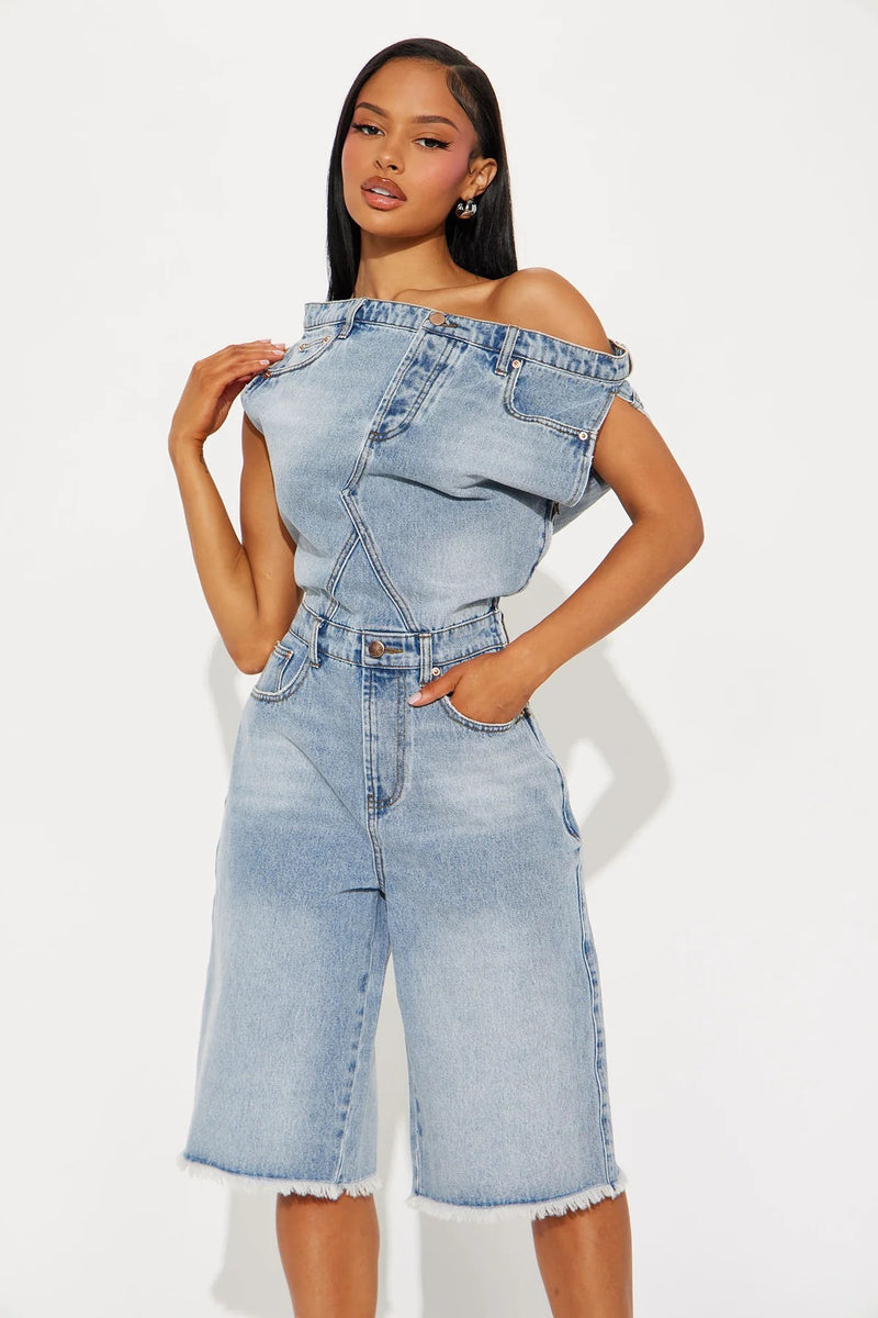 One Shoulder Sleeveless Denim Romper LX 6063