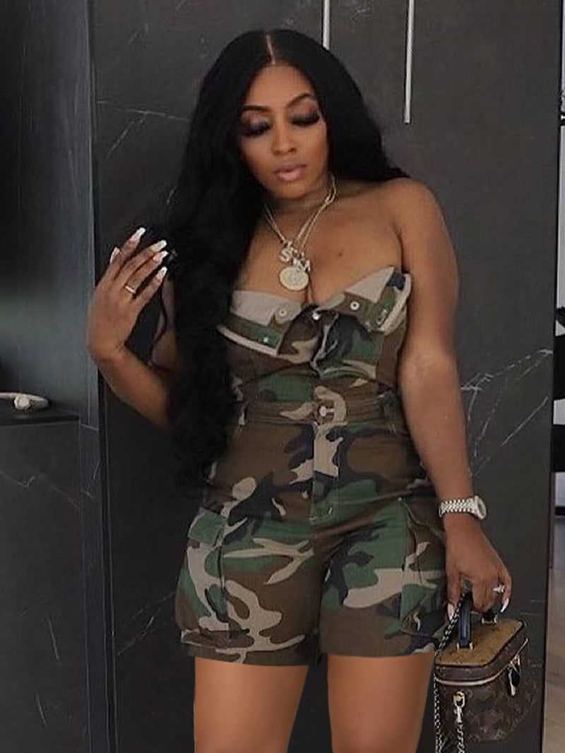 Wrap Chest Cardigan Buttoned Camouflage Romper LSD 24371
