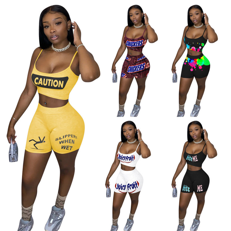 Plus Size Letter Print Cami Top Shorts 2 Piece Sets TE 4092