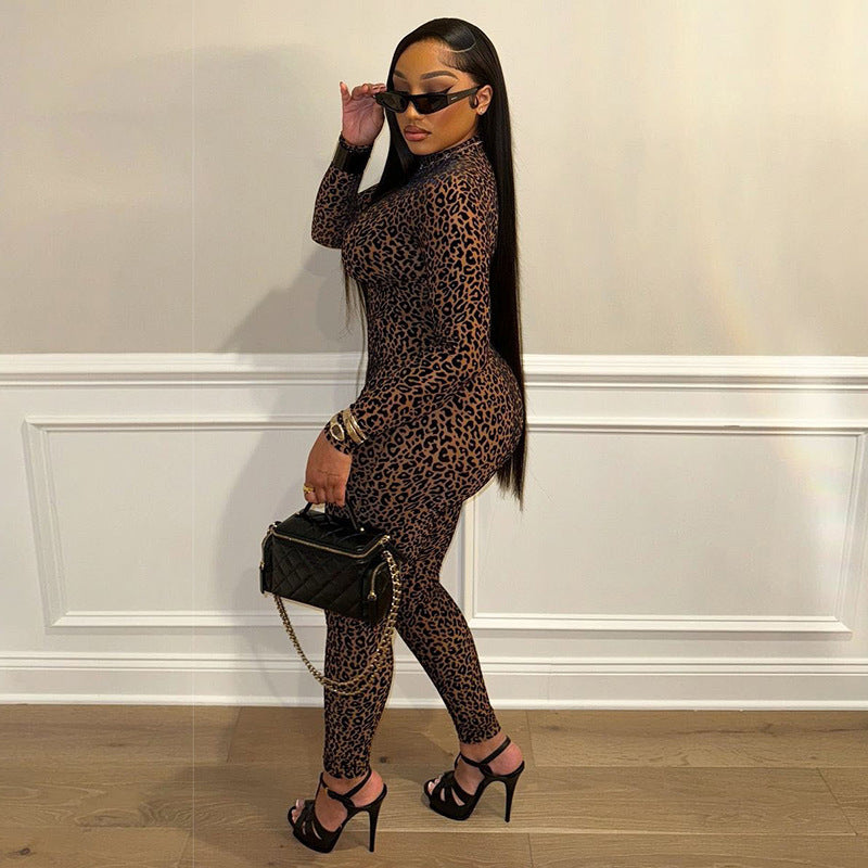 Leopard Print Long Sleeve Slim Jumpsuit SHD 9594
