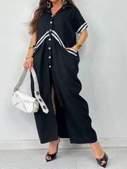 Plus Size Lapel Single Breasted Button Long Dress QMZF 2181