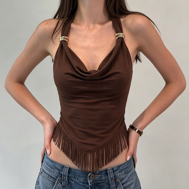 Halterneck Solid Color Tassel Vest GPKJ MR49999
