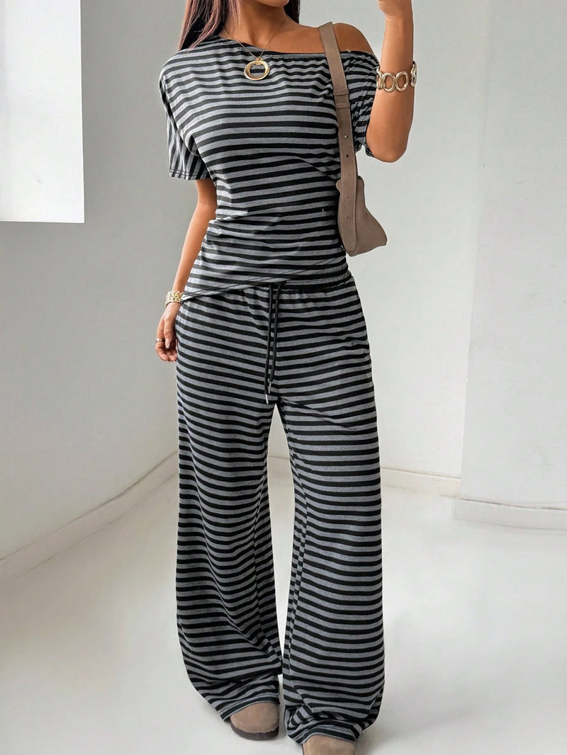 Plus Size Stripe Slash Shoulder Top Wide Leg Pants Suit GAWE 6738