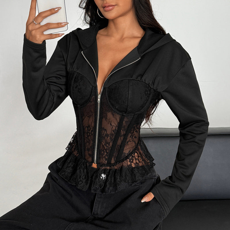 Lace Patchwork Zipper Hooded Coats GOMN 71348