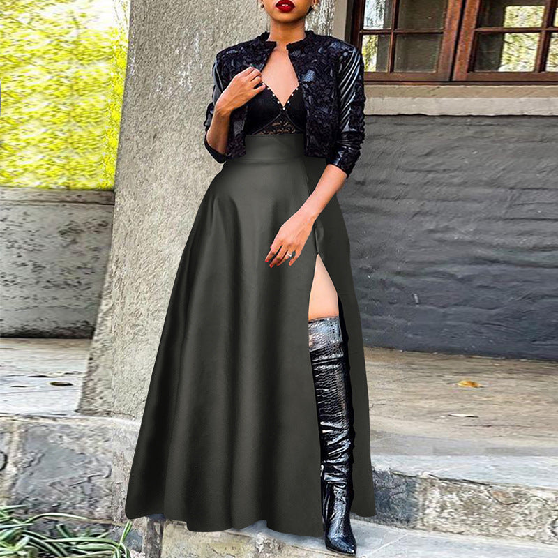Plus Size PU Zipper Long Split Half body Skirt GDAM 8022