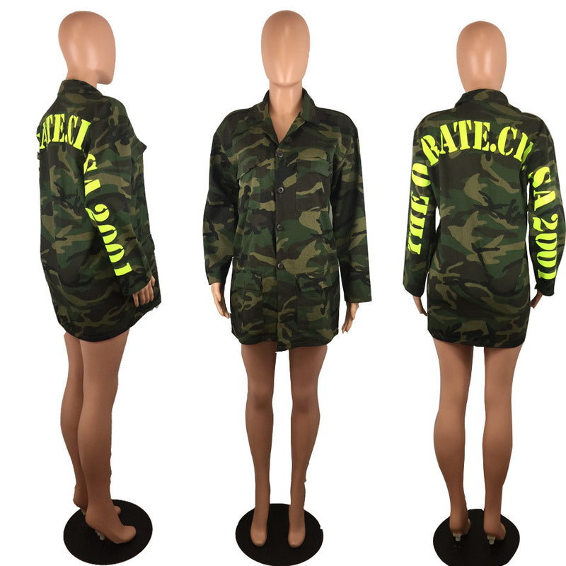 Plus Size Letter Print Long Sleeve Camouflage Coats FYWF LD635