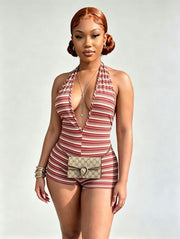Stripe Halterneck Backless Romper MEM 88703