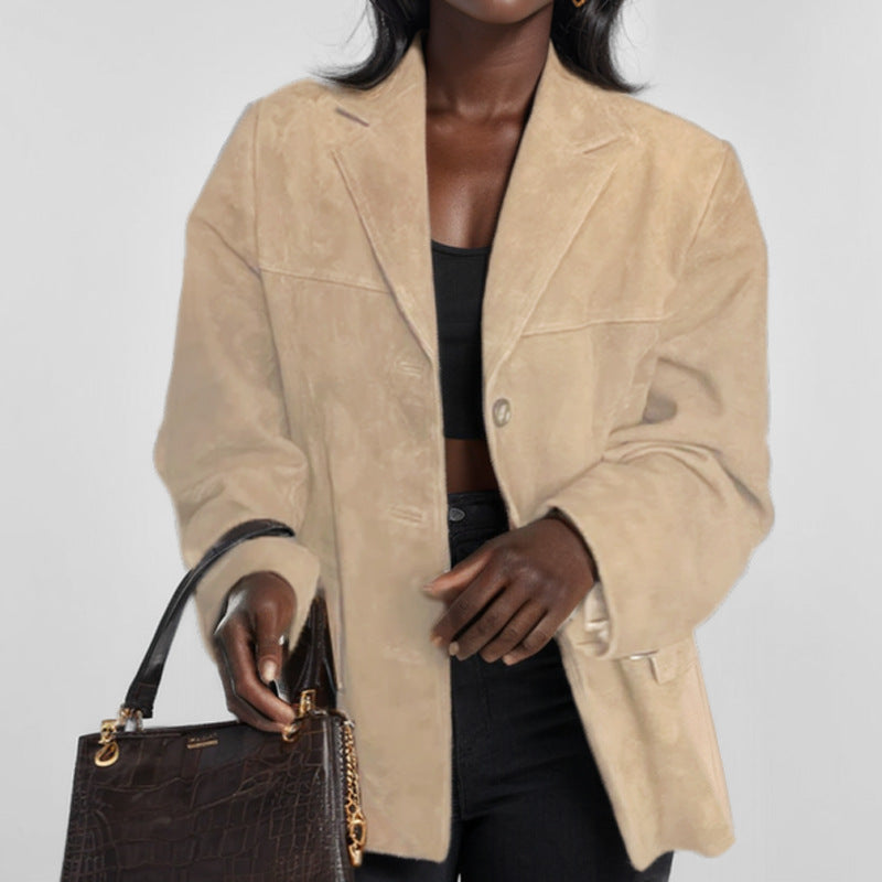 Plus Size Retro Loose Pocket Suede Long Sleeve Blazer GHHE 28647