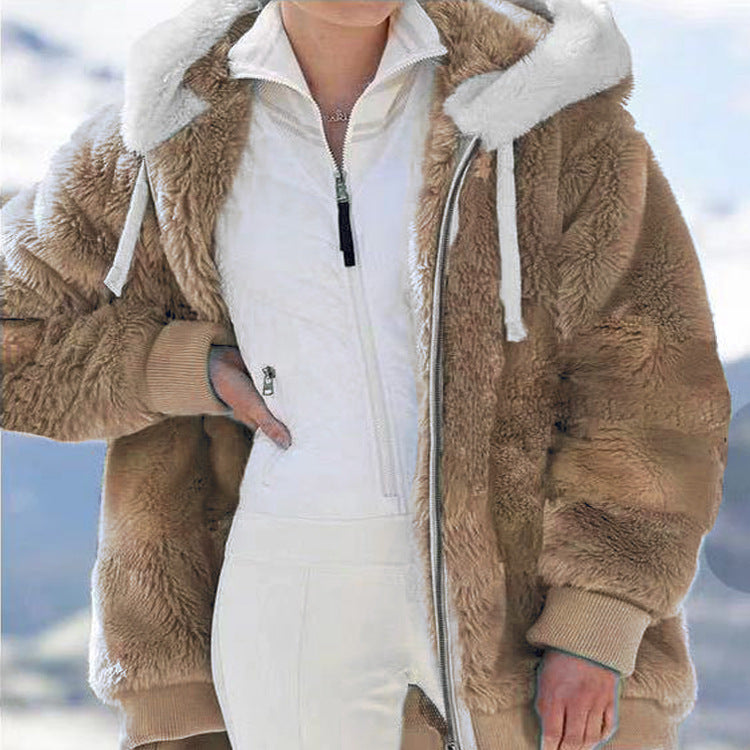 Plus Size Fashion Loose Plush Zipper Hooded Coat GOFY 9910