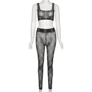 Sexy Printed Mesh See Through Tank Top And Pants 2 Piece Sets XEF 10381