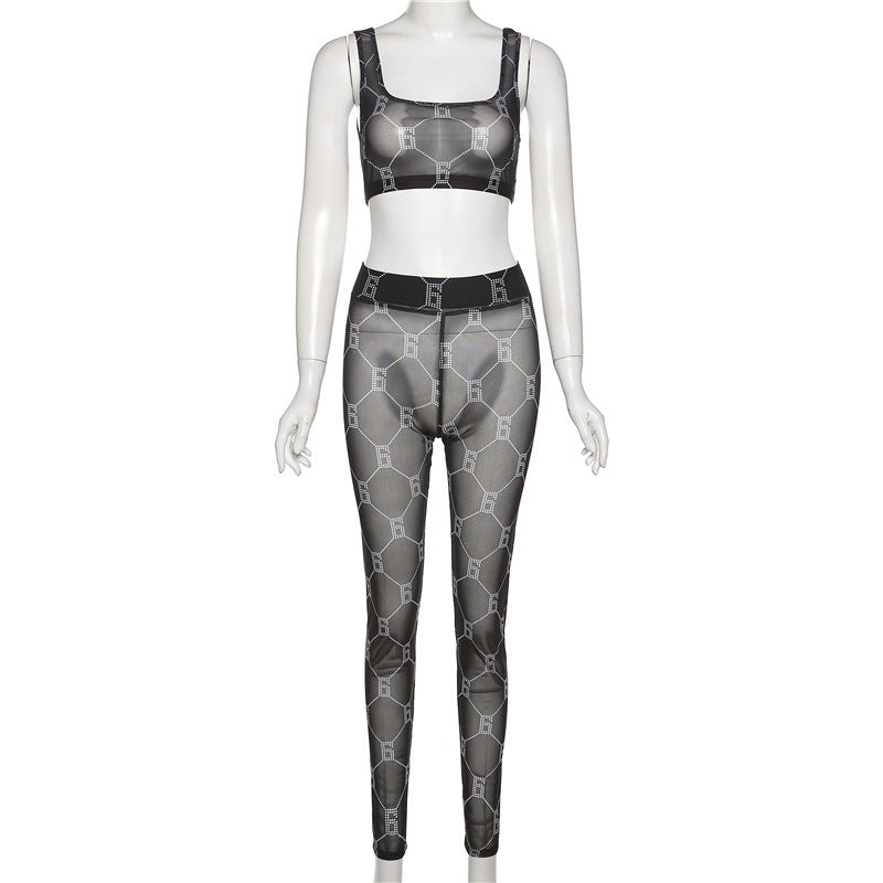 Sexy Printed Mesh See Through Tank Top And Pants 2 Piece Sets XEF 10381