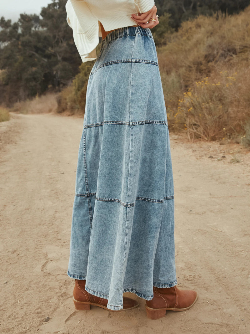 Layered Patchwork Denim Long Skirt GYAN 8943