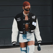 Contrast Color Print Baseball Jacket FL 23439