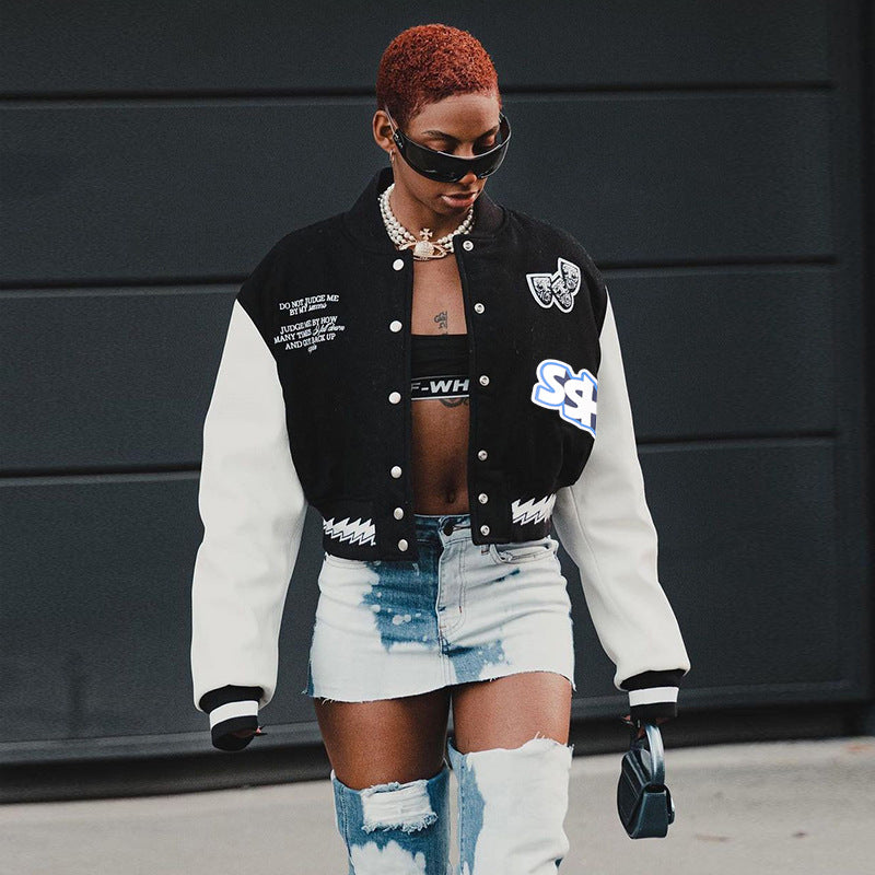 Contrast Color Print Baseball Jacket FL 23439