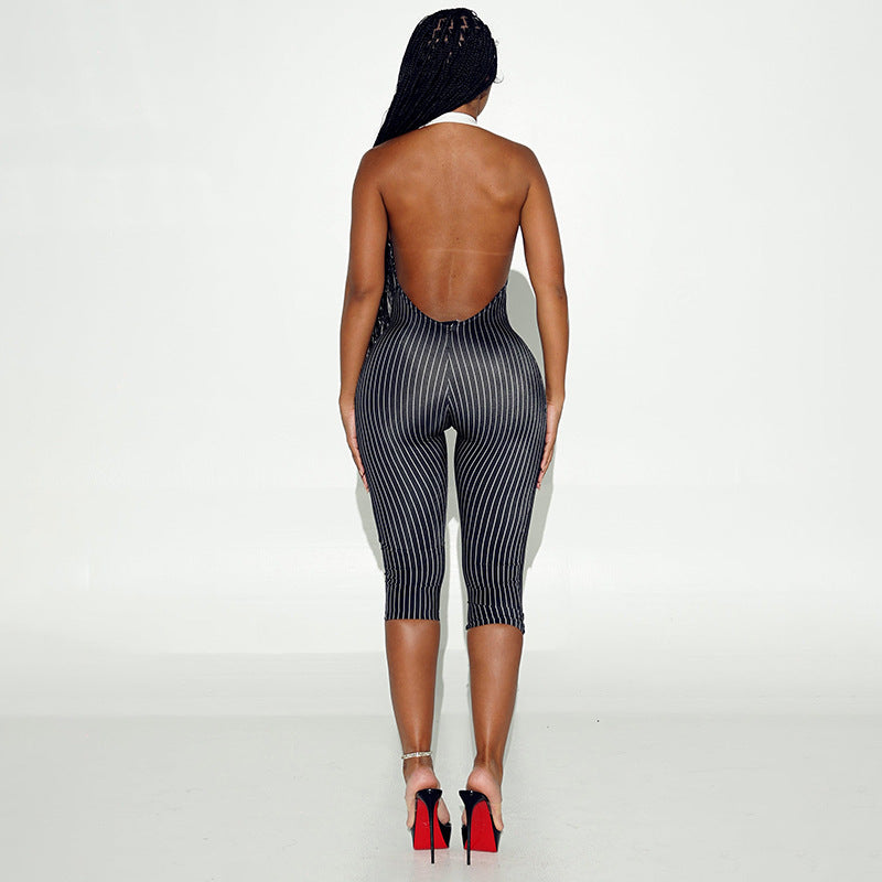 Stripe Printed Backless Seventh Jumpsuit MXBF J26JP347