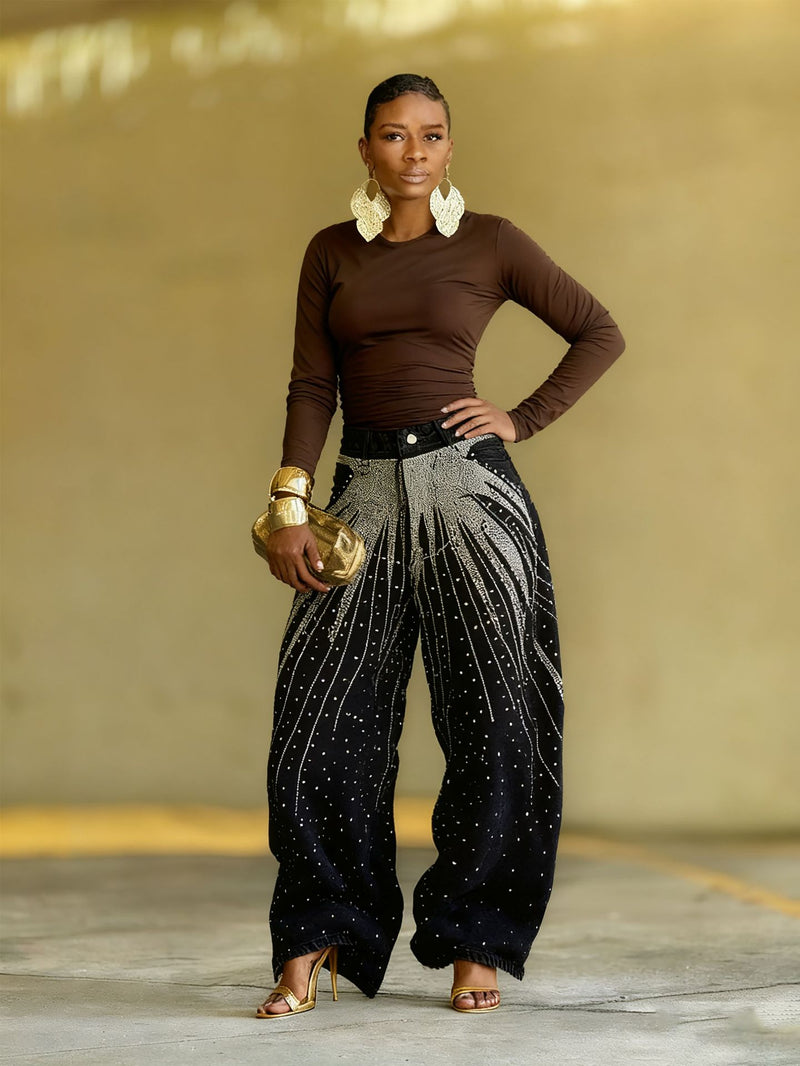 Washed Rhinestone Wide Leg Jeans GYLN 8406