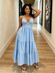 V Neck Halterneck Shell Tassel Maxi Dress GADE 11431