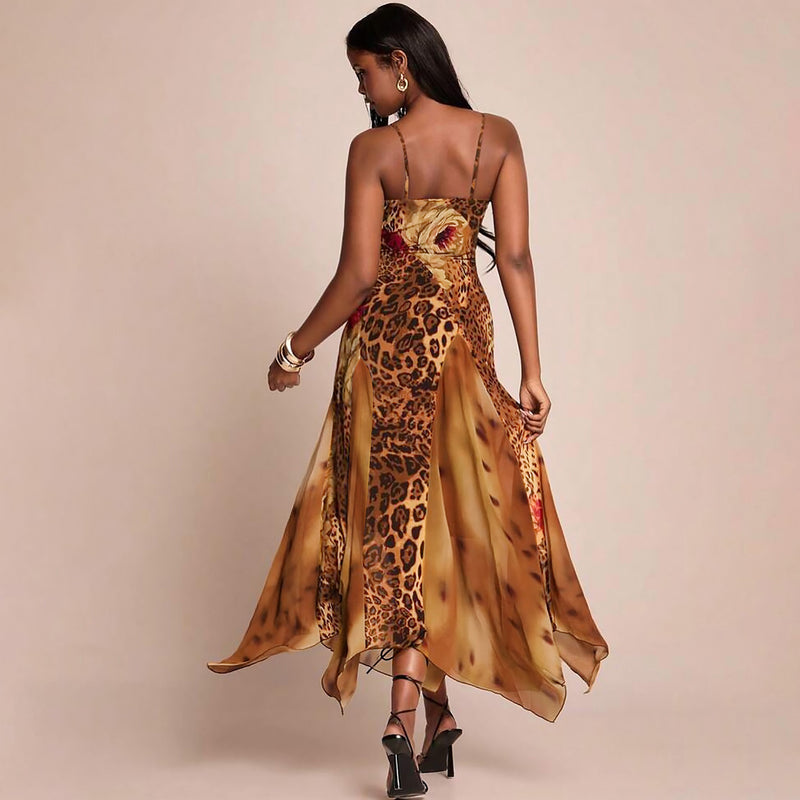 Mesh Patchwork Print Sling Maxi Dress GZJQ K6D07210A