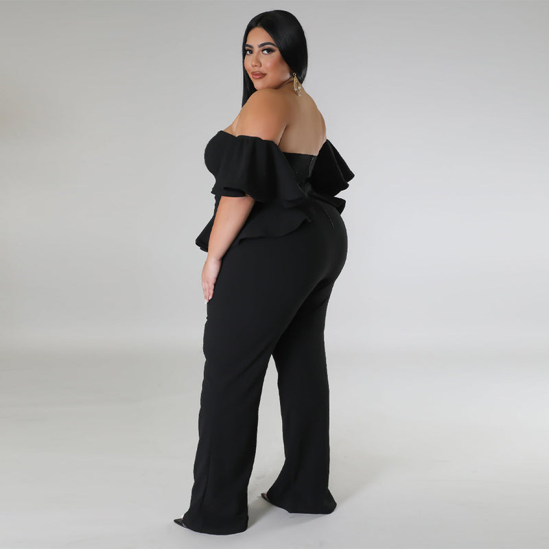Plus Size Off Shoulder Short Sleeve Wide Leg Jumpsuit NNWF 7797
