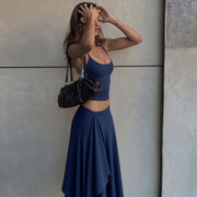Solid Color Sling Top Irregular Long Skirt 2 Piece Set GLAG S5A20528F