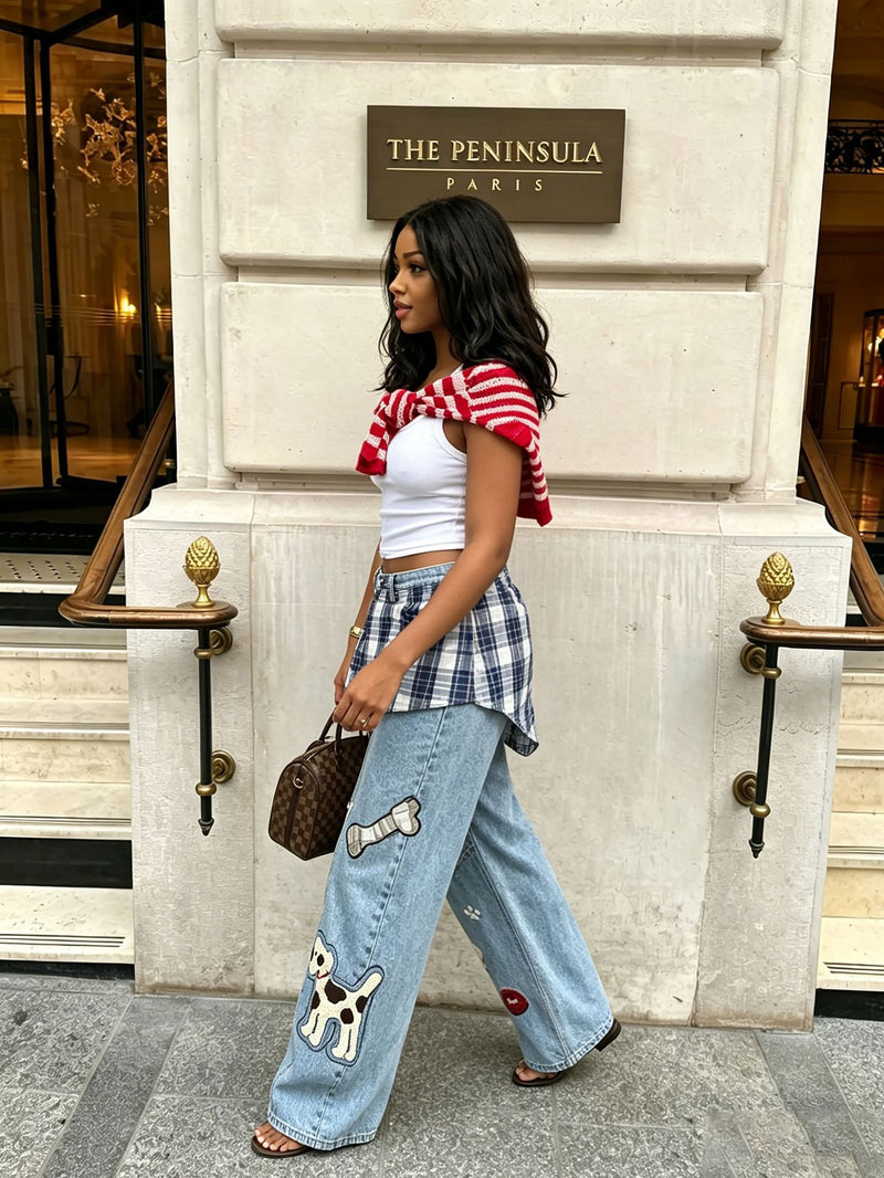 Plus Size Plaid Patchwork Embroidered Puppy Jeans GYLN 2956