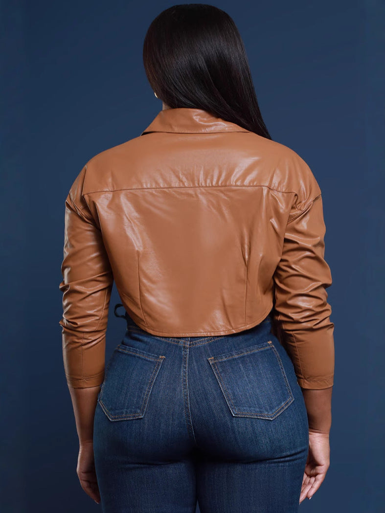 Fashion Long Sleeve Lapel PU Leather Coat BS 1374