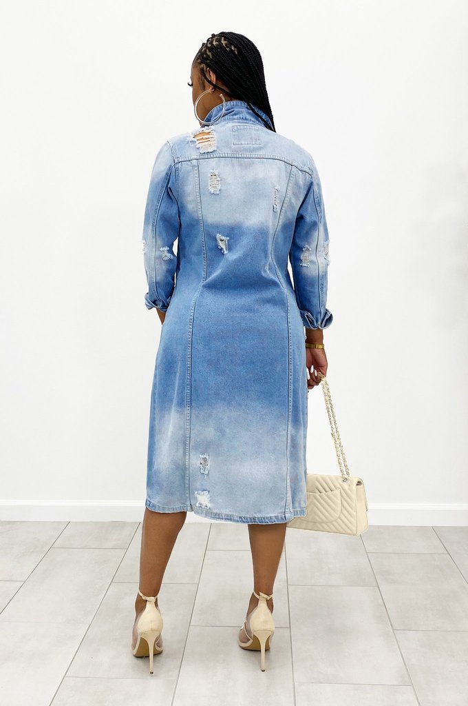 Fashion Denim Long Sleeve Holes Long Coat GQDH 932