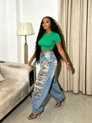 Plus Size Camouflage Patchwork Holes Loose Jeans GYLN 3110
