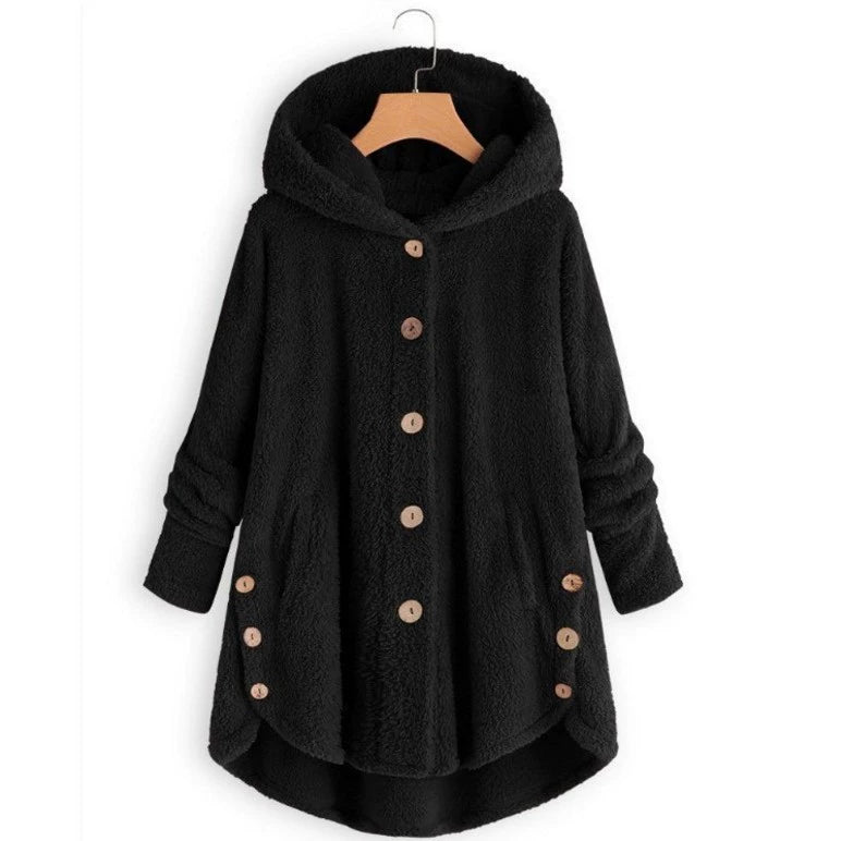 Plus Size Button Up Hooded Plush Solid Color Jacket GXHF 885236