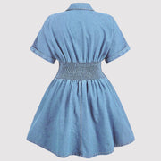 V Neck Short Sleeve Denim Mini Dress GDAM 218976